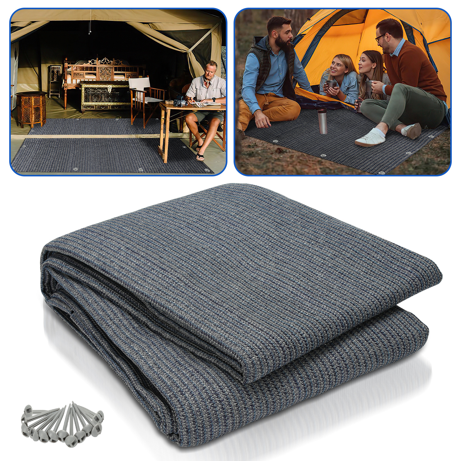 Jiubiaz Campingteppich Aus Hdpe, 240 G/m², Blaugrau - 250 X 400 Cm, 1 Teppich, Inkl. 13 Heringe, Uv-stabil, Beidseitig Nutzbar