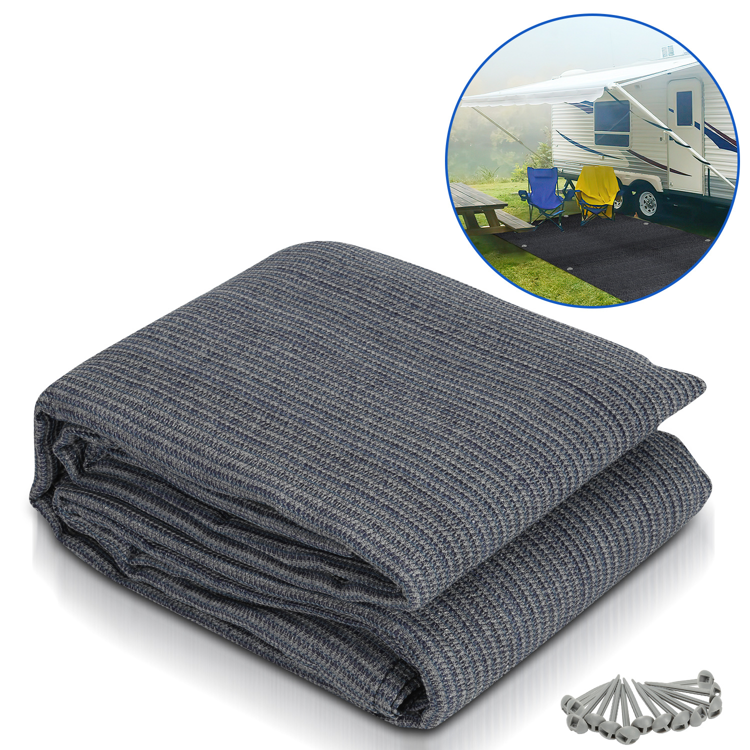Jiubiaz Campingteppich Aus Hdpe, 240 G/m², Blaugrau - 250 X 300 Cm, 1 Teppich, Inkl. 13 Heringe, Uv-stabil, Beidseitig Nutzbar