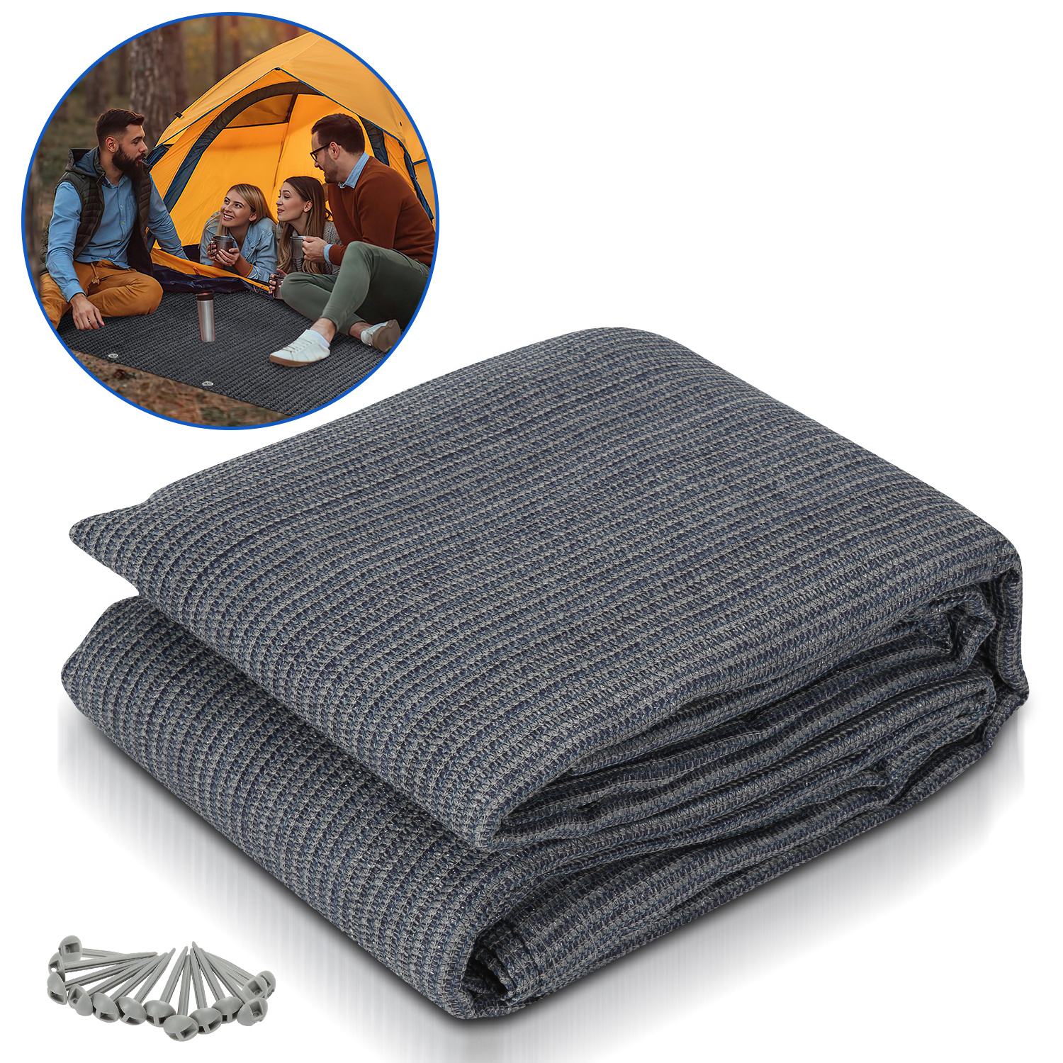 Jiubiaz Campingteppich Aus Hdpe, 240 G/m², Blaugrau - 300 X 300 Cm, 1 Teppich, Inkl. 13 Heringe, Uv-stabil, Beidseitig Nutzbar