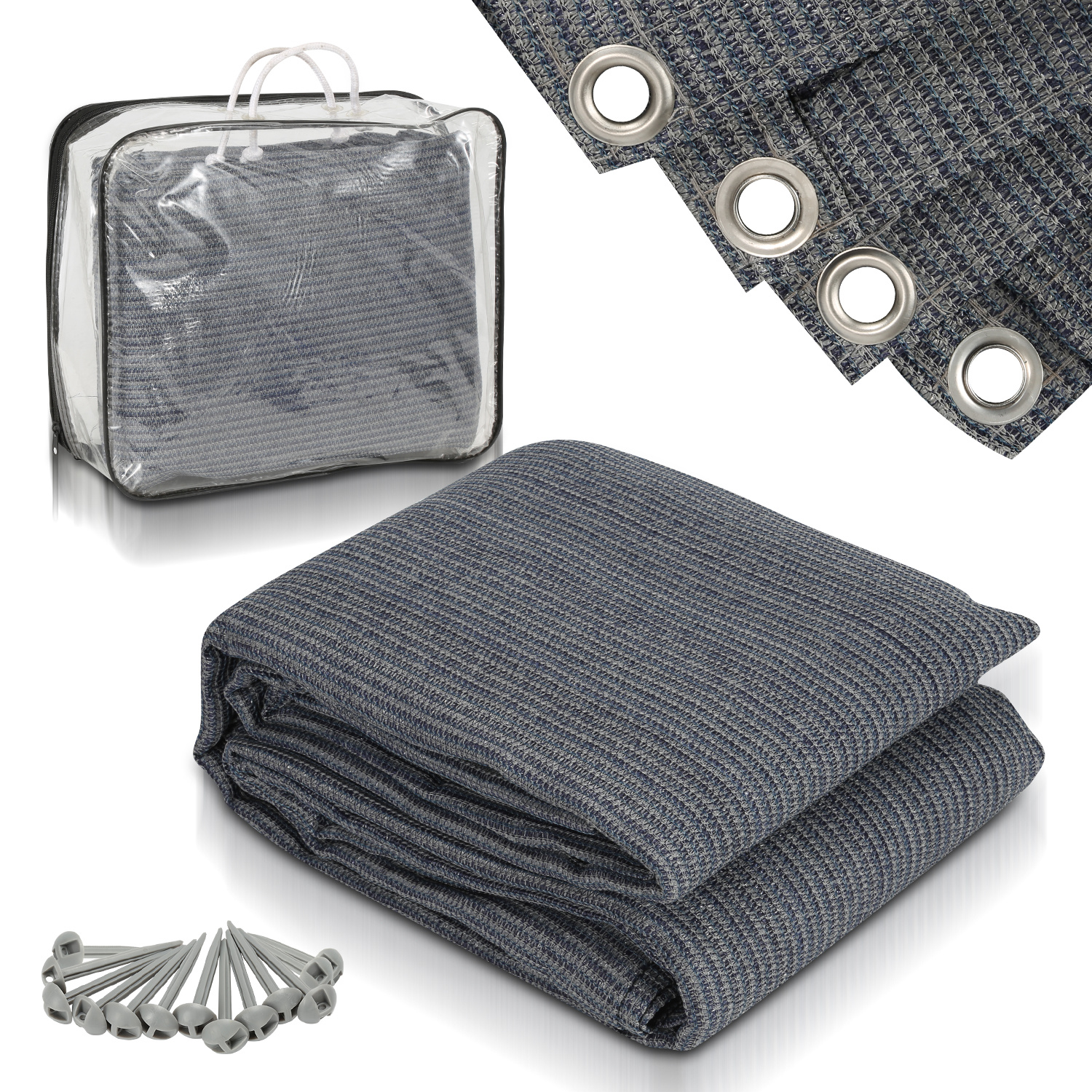 Jiubiaz Campingteppich Aus Hdpe, 240 G/m², Blaugrau - 250 X 550 Cm, 1 Teppich, Inkl. 13 Heringe, Uv-stabil, Beidseitig Nutzbar