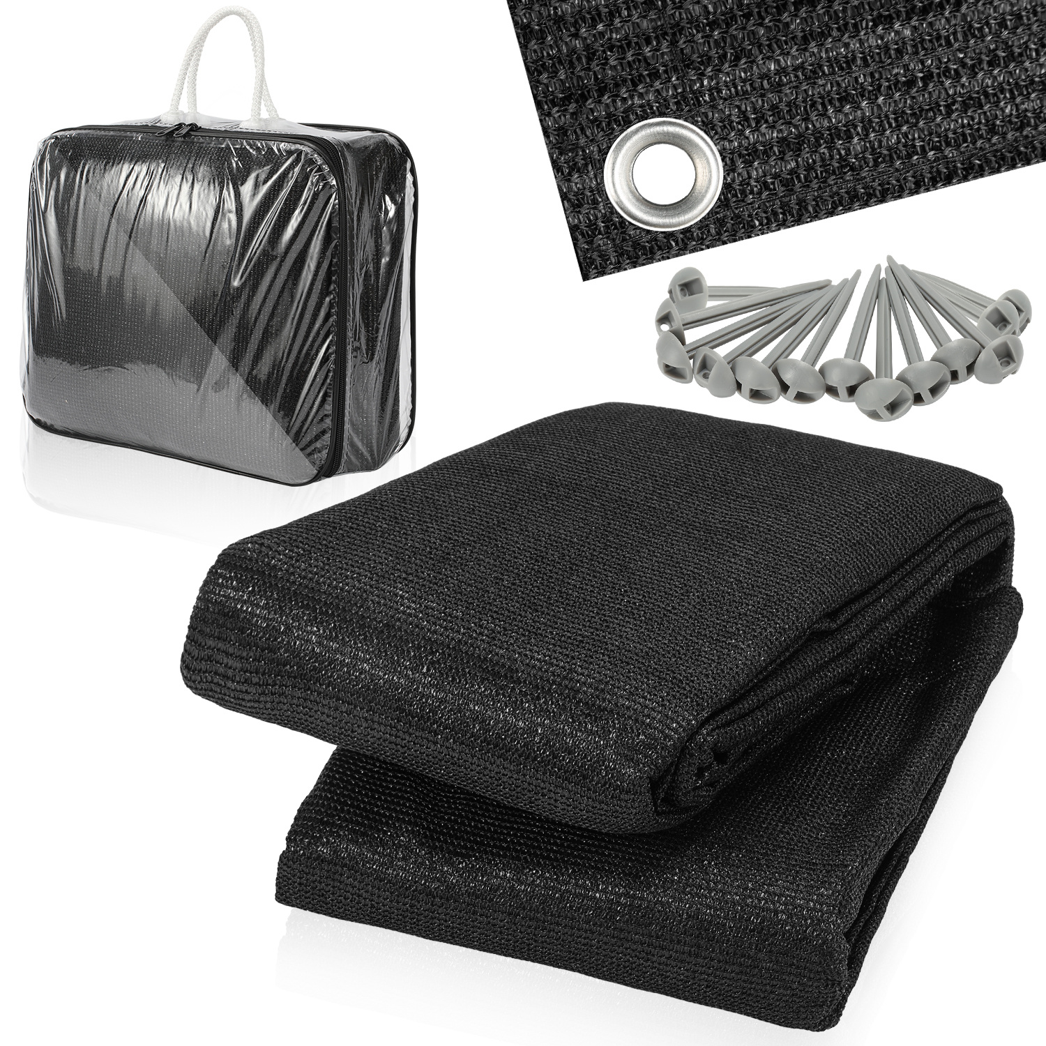 Jiubiaz Campingteppich Aus Hdpe, 240 G/m², Schwarz - 250 X 250 Cm, 1 Teppich, Inkl. 13 Heringe, Uv-stabil, Beidseitig Nutzbar