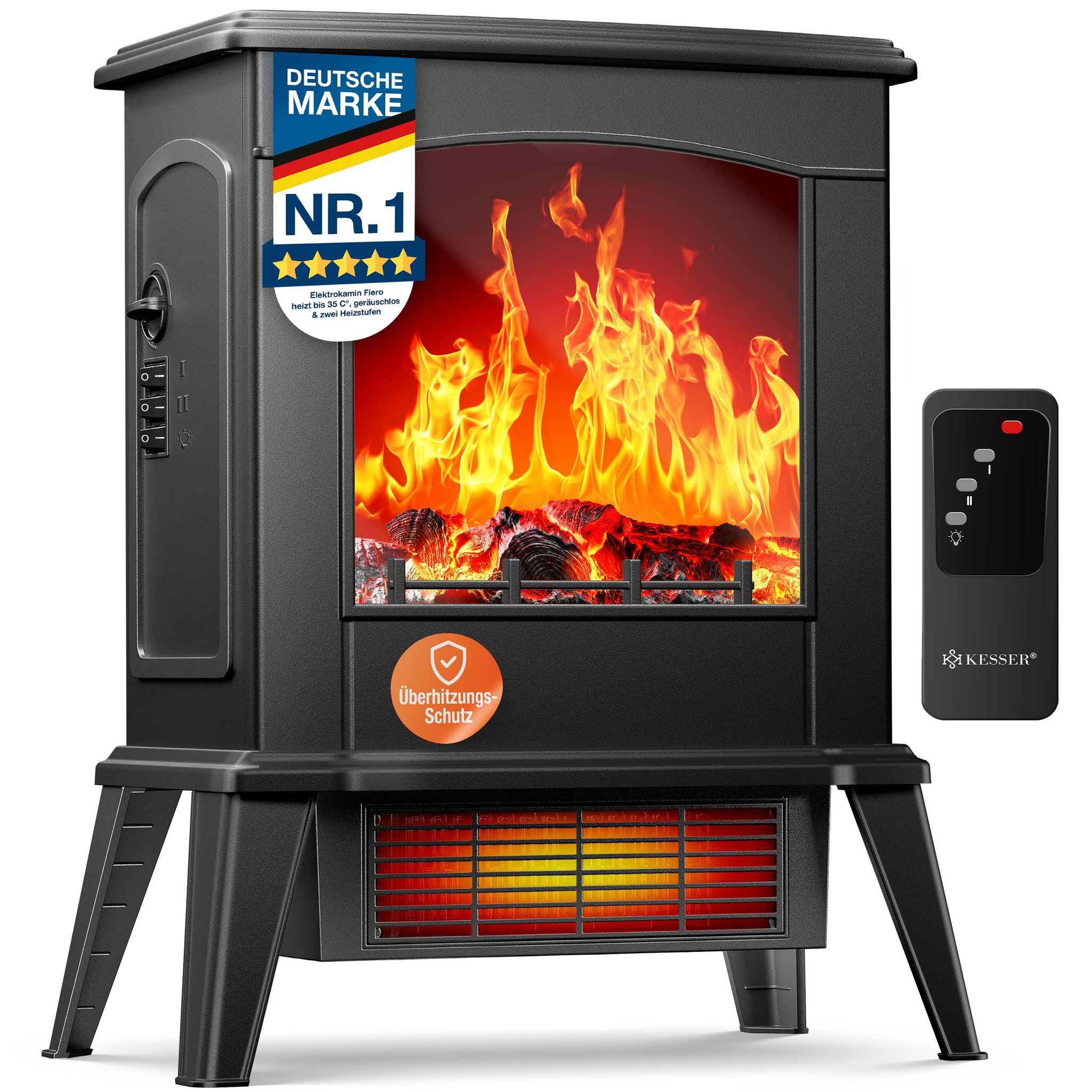 Kesser® Led Kamin Fiero Mit Heizung, 900/1800w, Fernbedienung - Schwarz