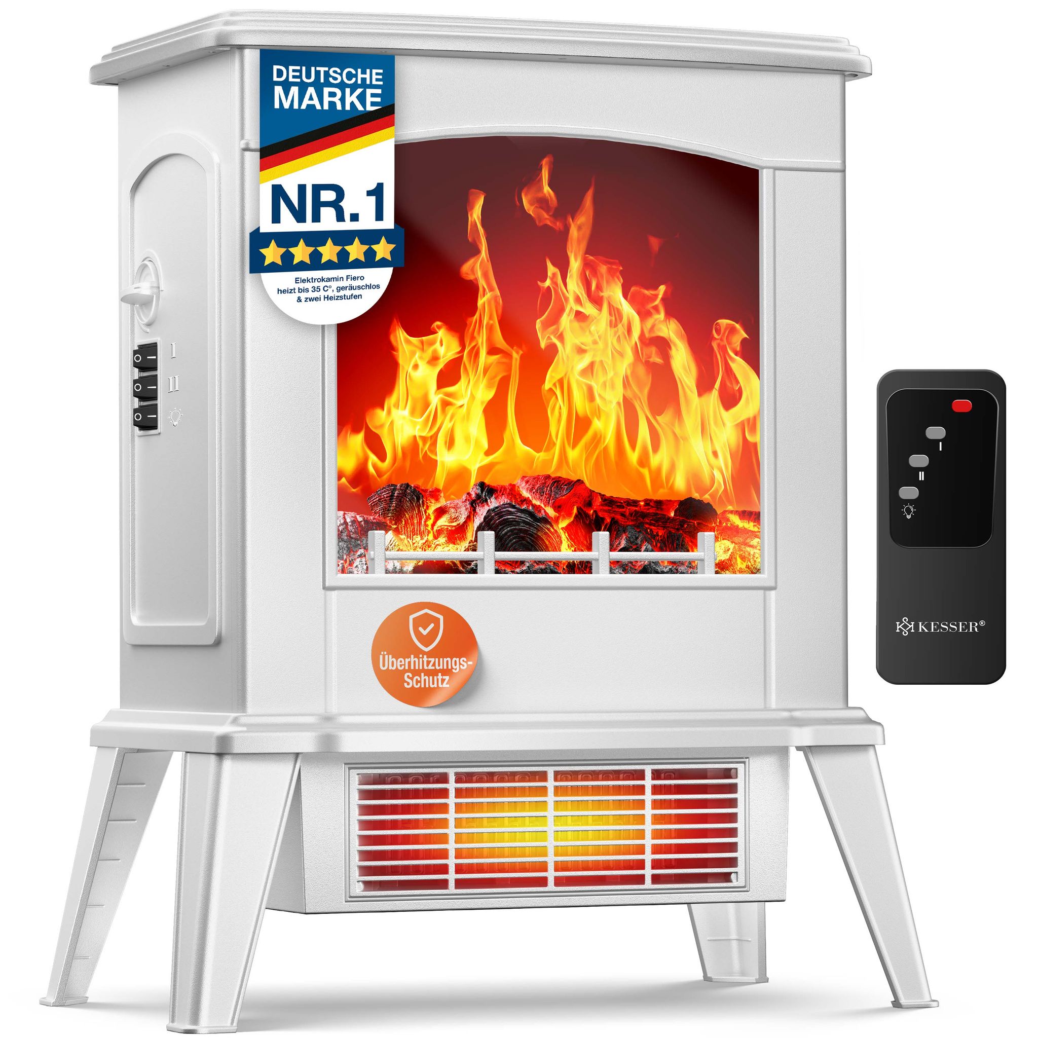 Kesser® Led Kamin Fiero Mit Heizung, 900/1800w, Fernbedienung - Weiß