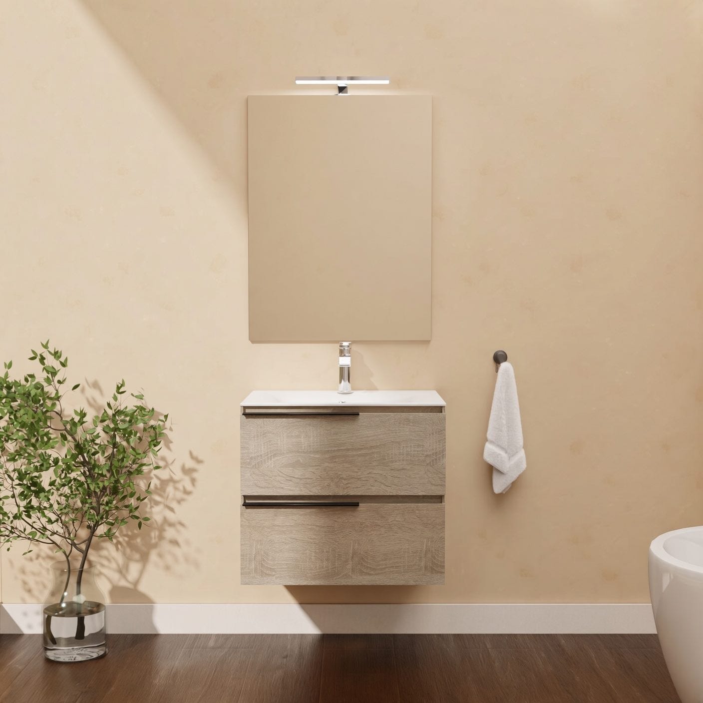 Hängendes Badmöbel 60 Cm Mit 2 Schubladen In Eiche Well, 2 Griffen, Keramikwaschbecken, Spiegel Und Led-lampe Berlin
