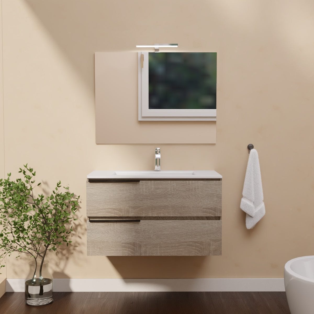 Hängendes Badmöbel 90 Cm Eiche Well Mit 2 Schubladen, 2 Griffen, Keramikwaschbecken, Spiegel Und Led-lampe Berlin