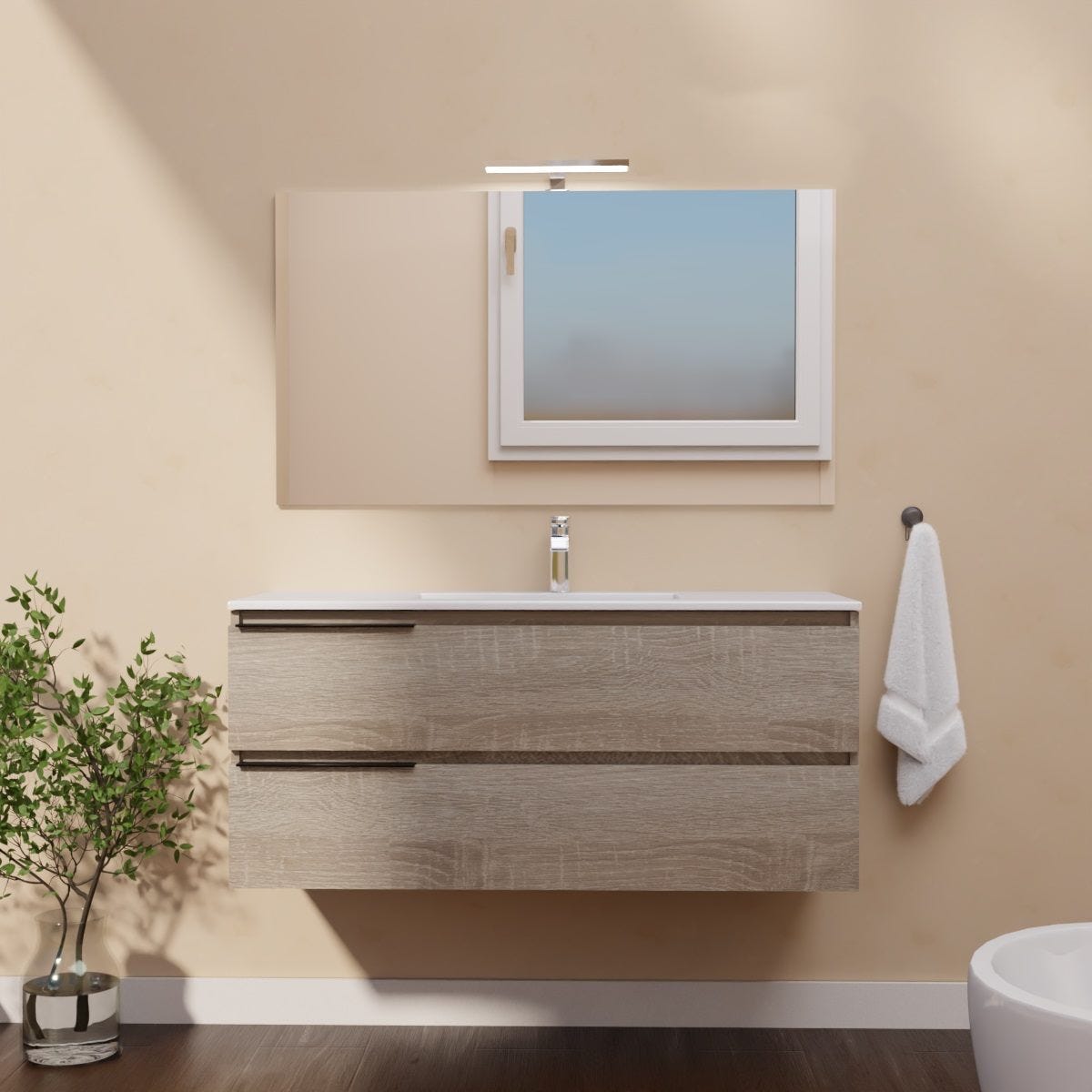Hängendes Badmöbel 120 Cm Berlin, 2 Schubladen Eiche Well, Einzelwaschbecken, Spiegel Und Led-lampe