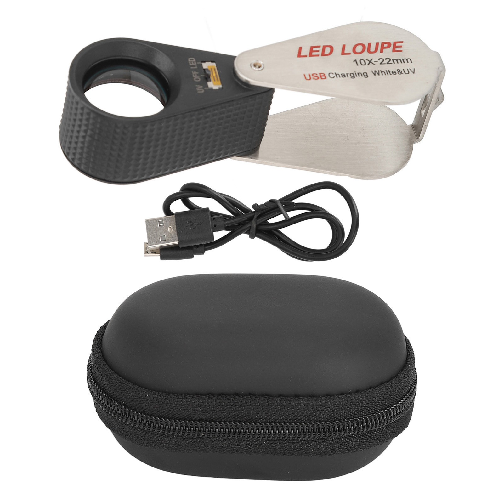 10-fache Juwelierlupe, Wiederaufladbares, Faltbares Schmucketui Mit 6 Leds Und 7 Uv-lampen