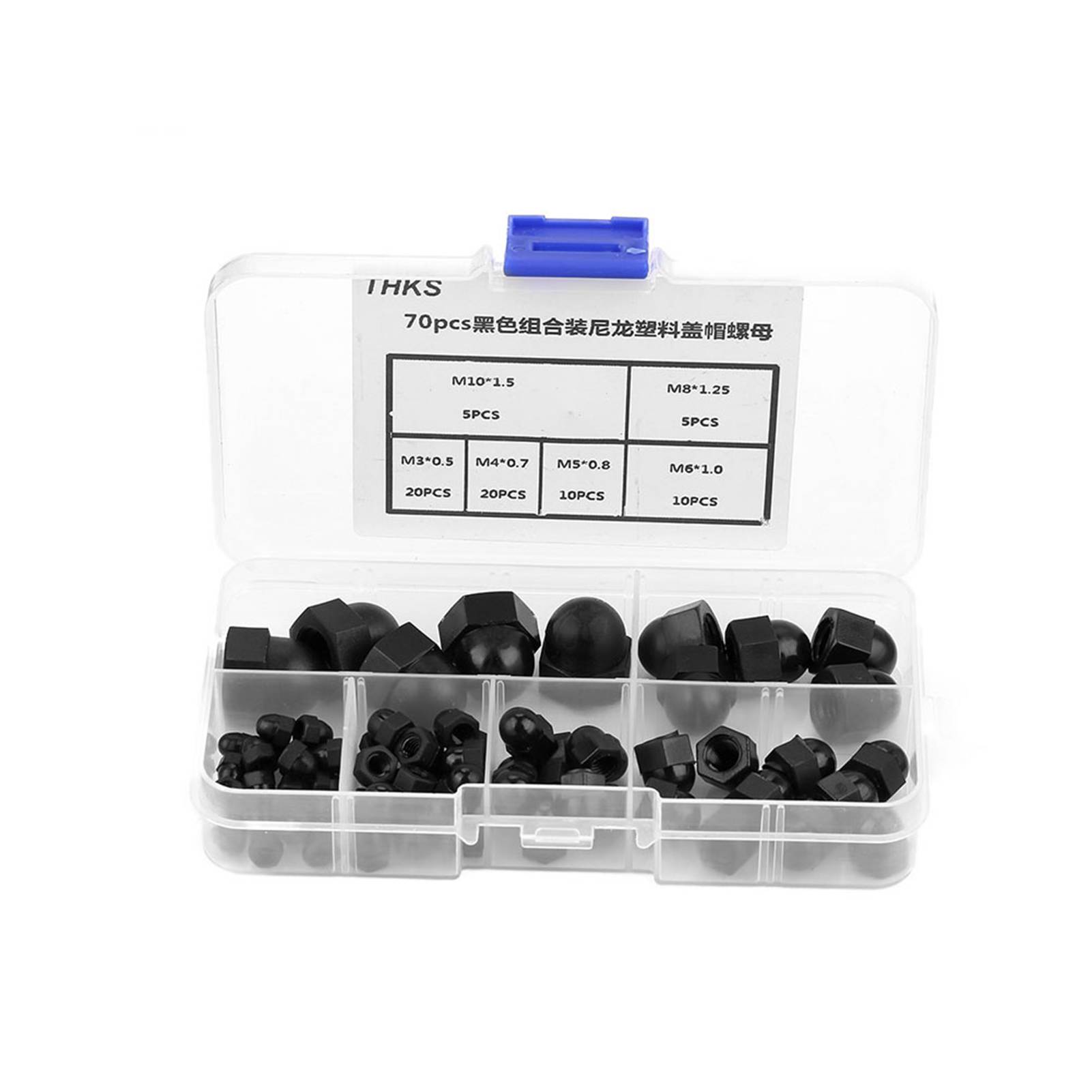 Nylon-hutmutternsatz M3/m4/m5/m6/m8/m10, 70-teilig, Gewölbter Kopf, Sechskantmuttern (schwarz)