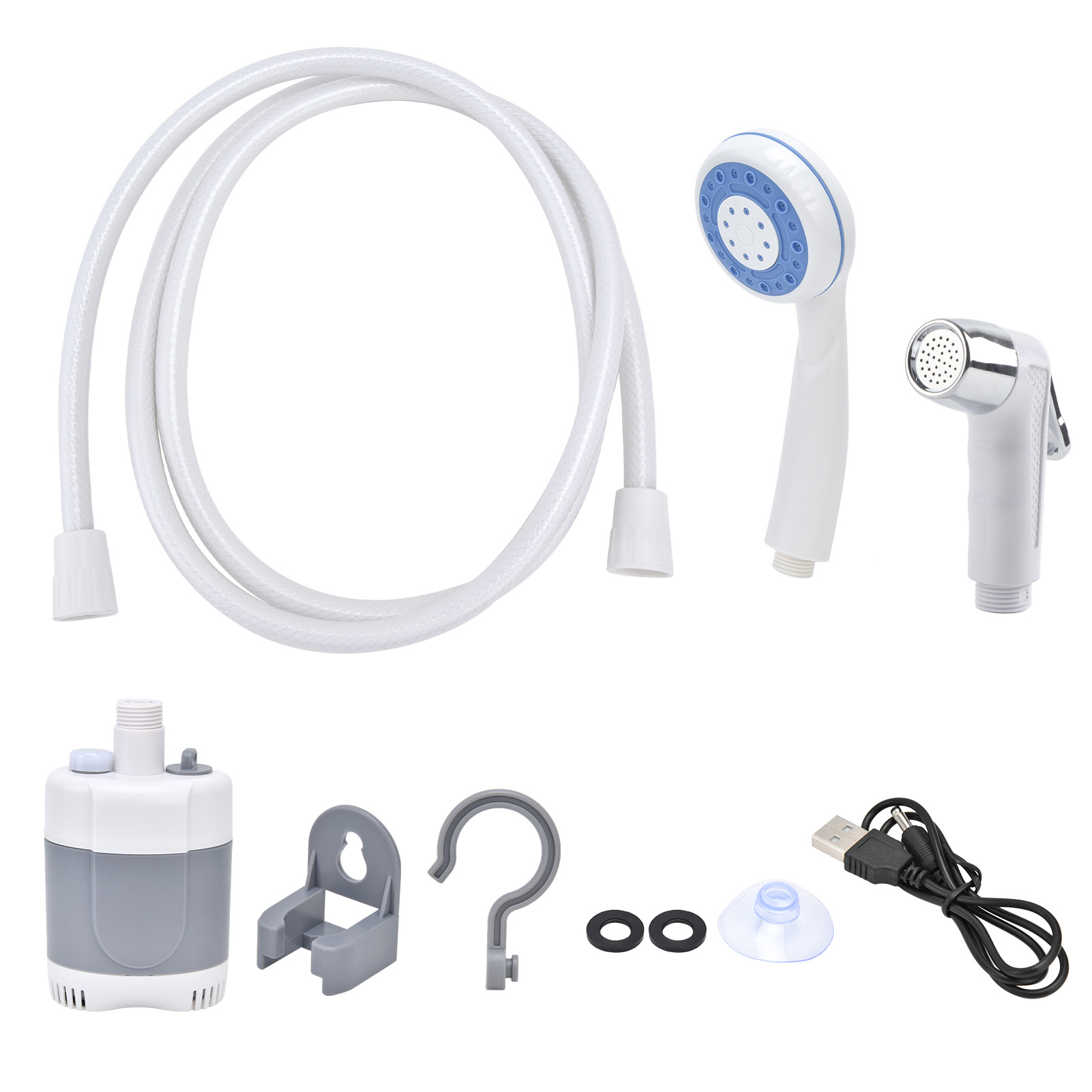 Tragbares Outdoor-duschset, Campingpumpe, Tragbarer Sprüher Für Wanderungen Und Reisen, Usb-ladefunktion (grau/weiß)