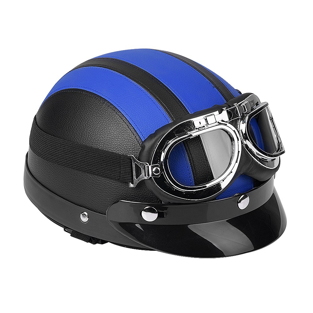 Universeller Halbhelm Aus Kunstleder Mit Visier Für Motorräder Und Roller, Blaue Uv-schutzbrille