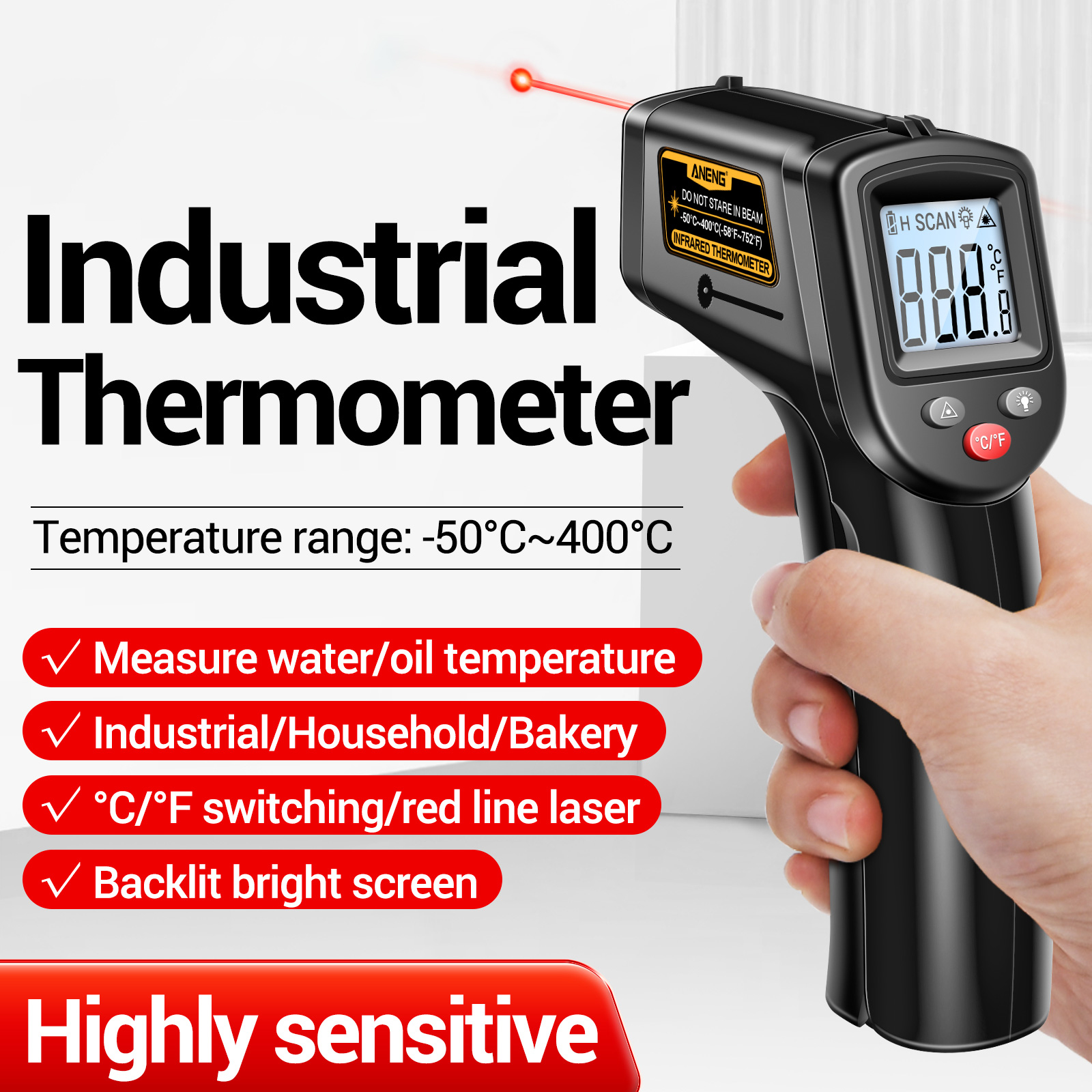 Aneng Th201 Berührungsloses Infrarot-thermometer -50℃ 400℃ / -58℉ 752℉, Tragbares Digitales Temperaturmessgerät Für Industrielle Anwendungen (küche, Automobilindustrie, Körpertemperatur).