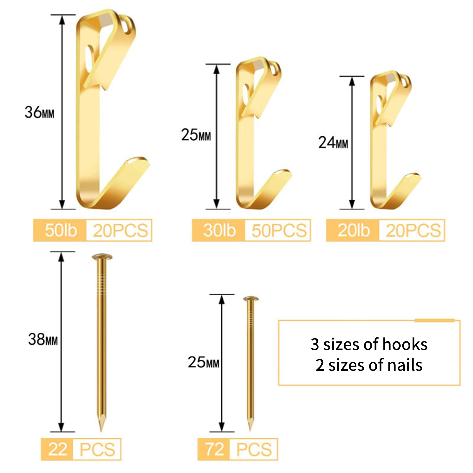 Bilderhaken-set, 184-teilig, Inklusive Schwerlasthaken (9 Kg, 13,5 Kg Und 22,5 Kg) Mit Nägeln Für Rahmen, Leinwände Und Dekospiegel, Goldfarben