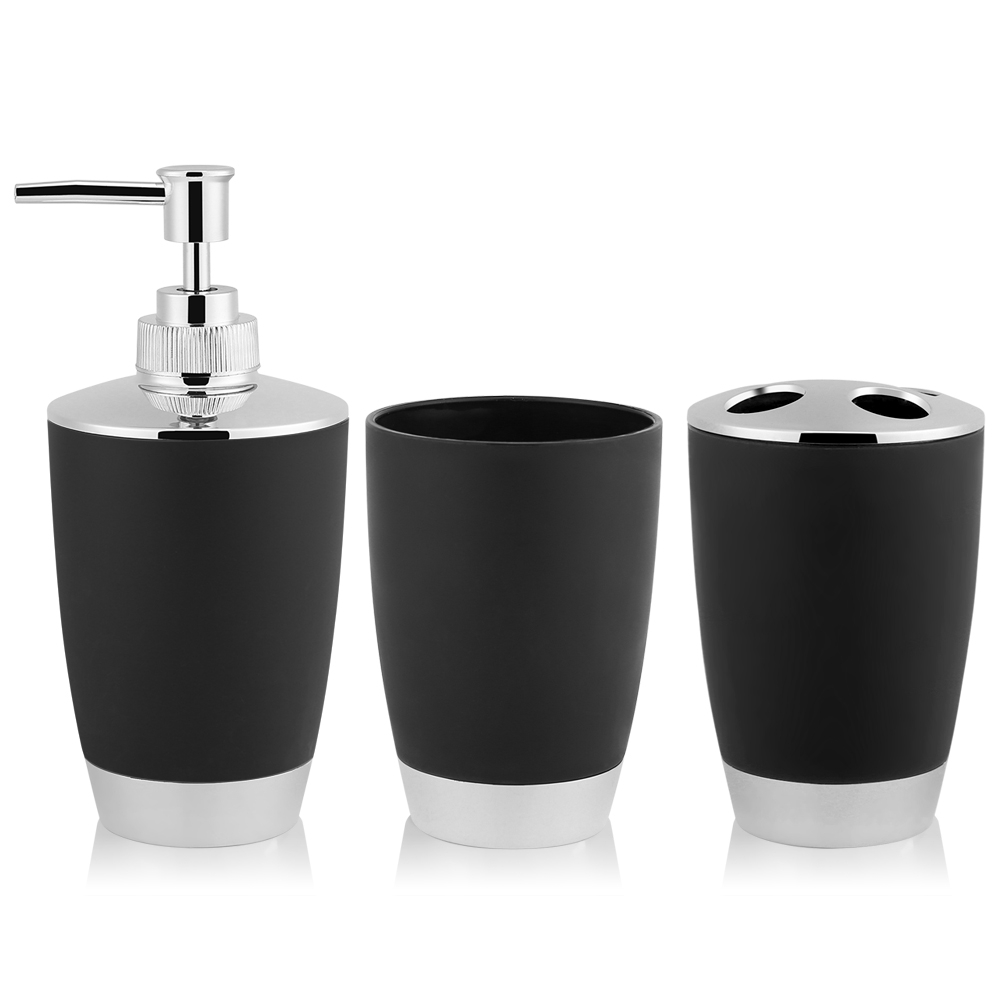 4-teiliges Badezimmer-accessoire-set Bestehend Aus Einem Becher, Einem Zahnbürstenhalter, Einem Seifenspender Und In Schwarz.