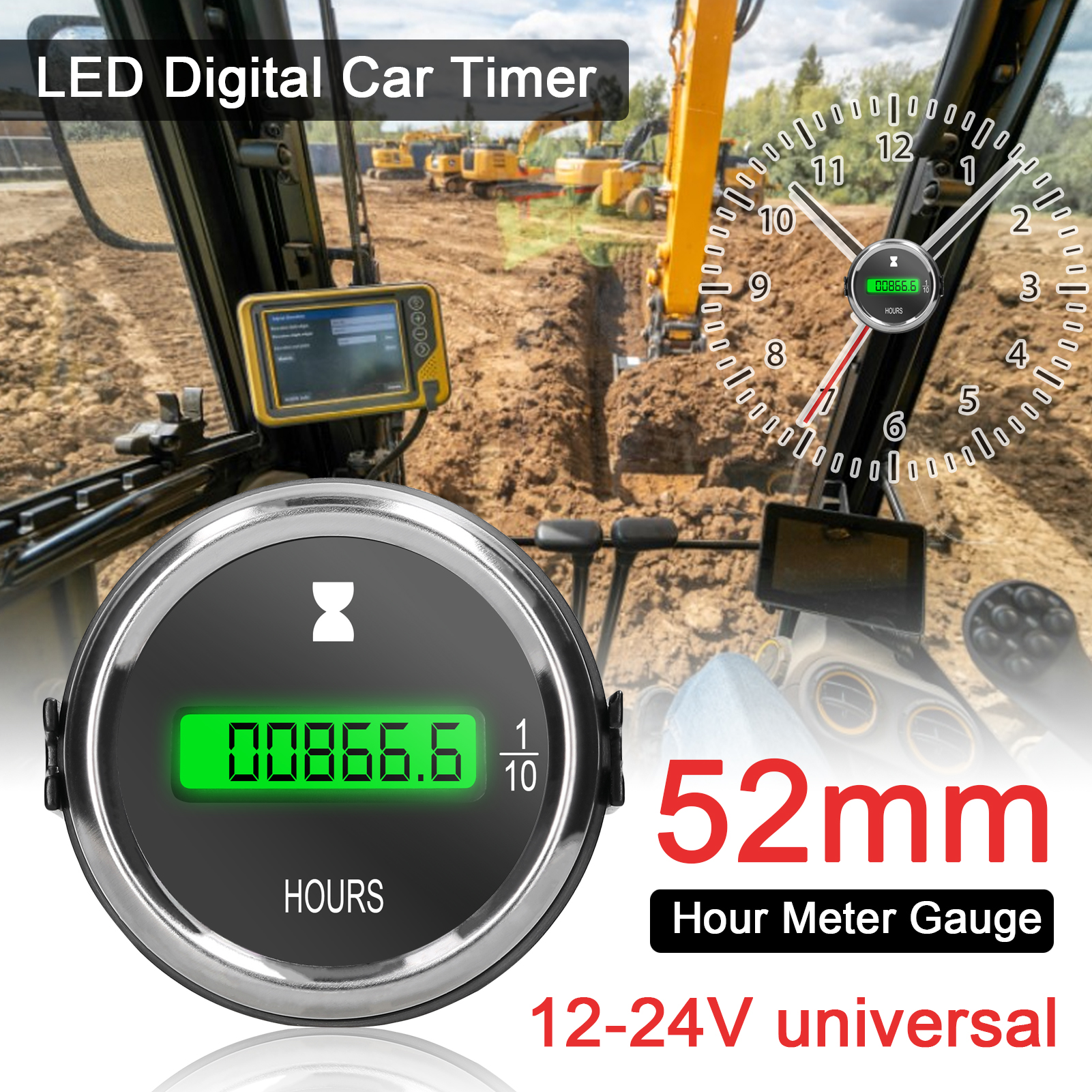 52-mm-betriebsstundenzähler, 12/24-v-digitaltimer Für Auto, Lkw, Boot, Schiff