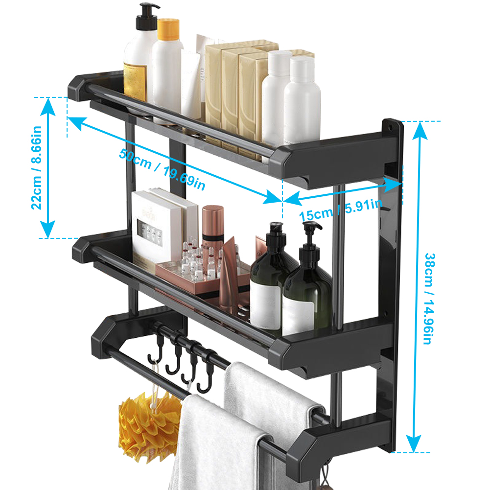 Wandmontiertes Badezimmerregal, Edelstahl, Für Toilette Und Küchenaccessoires, Zweistöckig, Schwarz, 50 Cm