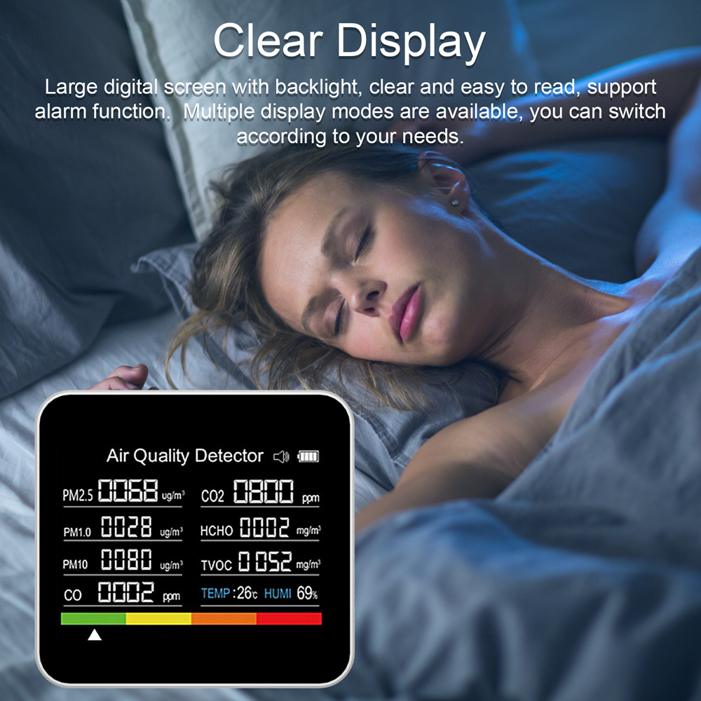 9-in-1-luftqualitätsmessgerät, Übersichtliches Display, Großes, Hintergrundbeleuchtetes Digitaldisplay, Co₂- Und Pm2,5-detektor, Weiß