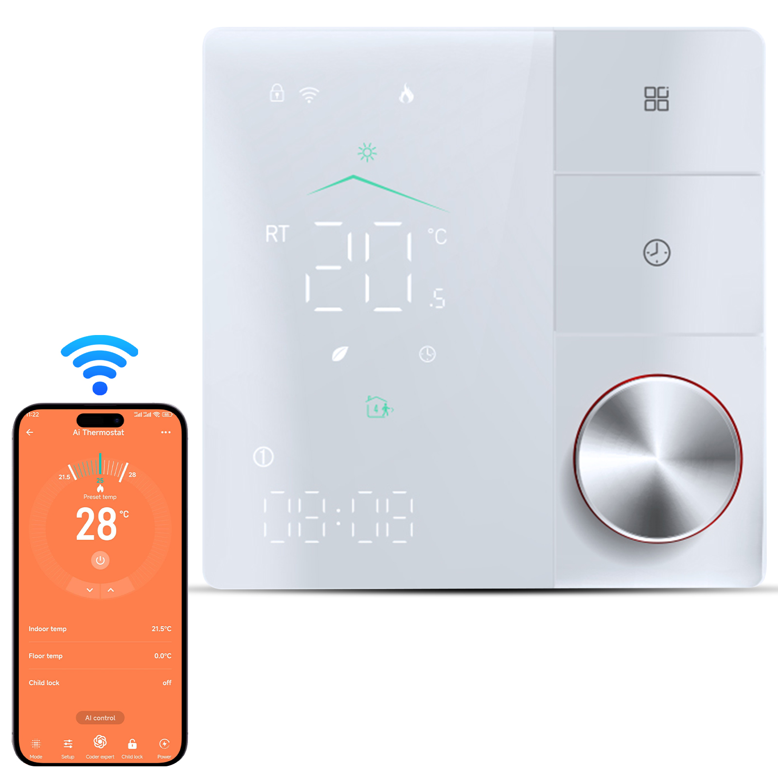 Intelligenter Thermostat Für Elektrische Fußbodenheizung. Wlan-thermostat Mit Ki-gestützter Steuerungs-app. Digitaler Led-touchscreen Und Einstellknopf. Programmierbar Und Energieeffizient.
