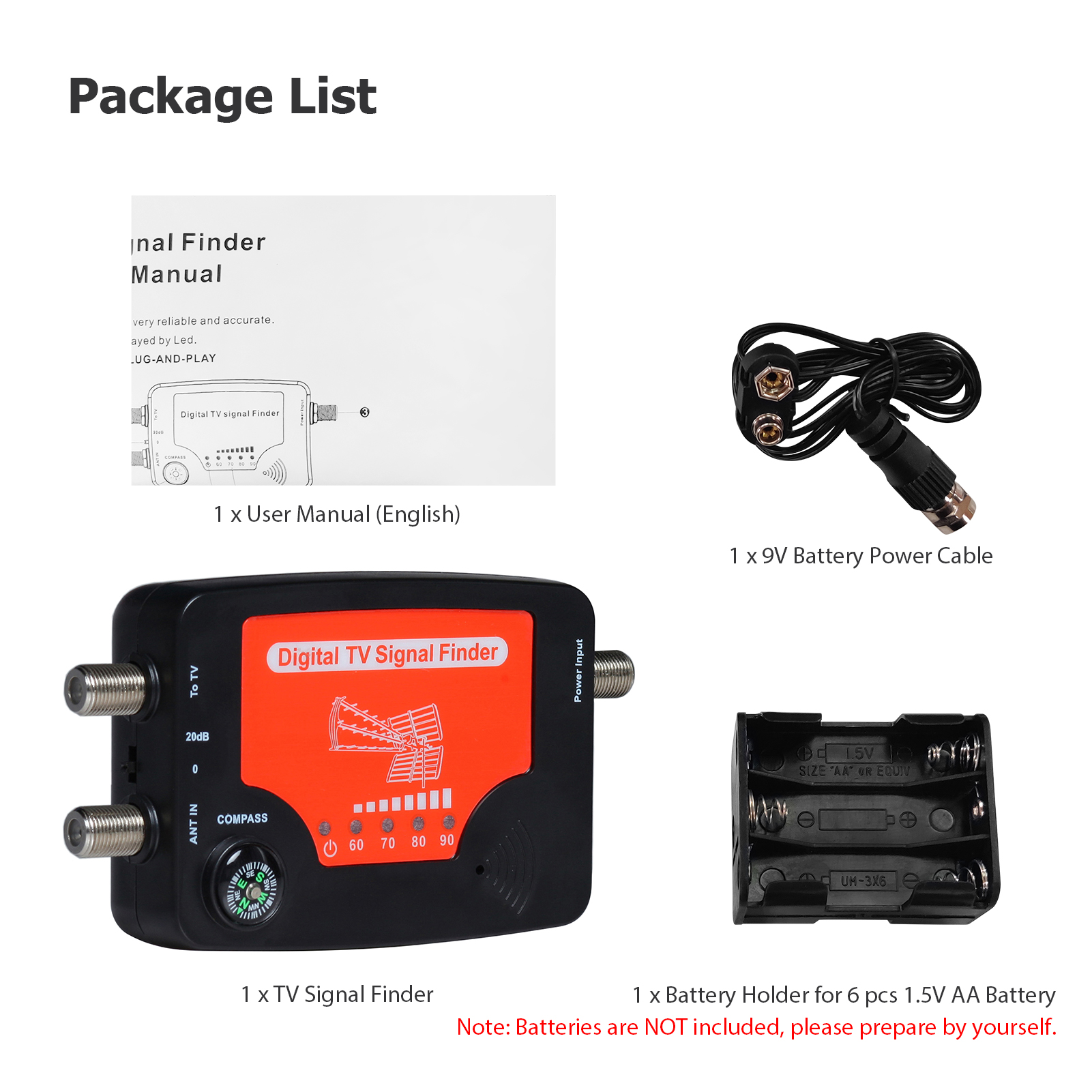 Tv-signaldetektor, Led-anzeige, Tragbarer Antennenleistungsmesser, Kompass, Alarm, Summer