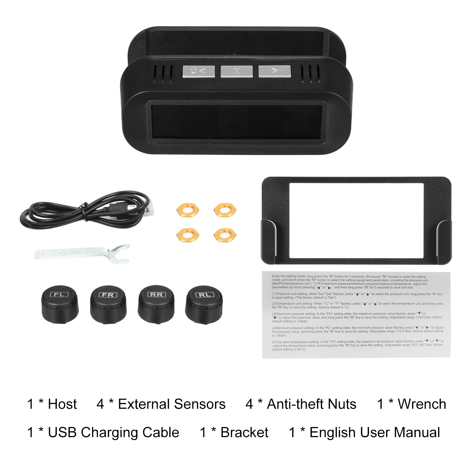 Reifendruckkontrollsystem Mit 4 Externen Sensoren, Solarmonitor, Automatischer Ein-/ausschaltfunktion Und Sprachalarm, Echtzeitanzeige Von 0 Bis 5 Bar Für Pkw, Suvs Und Geländewagen