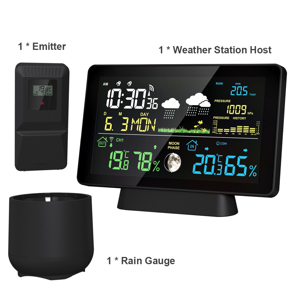 Multifunktionale Professionelle Elektronische Wetterstation Mit Intelligentem Farbdisplay, Uhr, Temperaturanzeige, Luftfeuchtigkeitsmessung, Niederschlagsmessung, Luftdruckanzeige, Mondphasenvorhersag