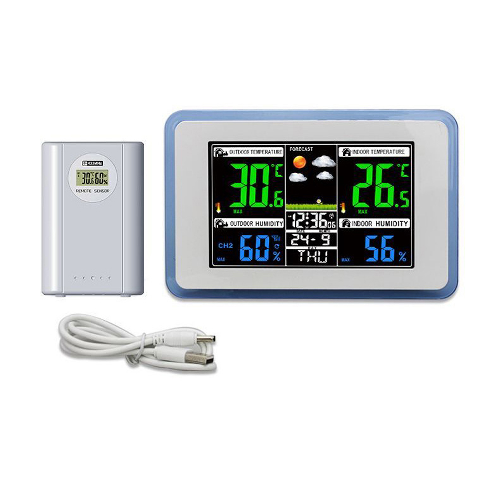 Multifunktionale Drahtlose Wetterstation Für Zuhause/büro, Digitales Farbdisplay, 433-mhz-uhr, Außen- Und Innentemperaturmesser, Hygrometer Und Wettervorhersagekarte