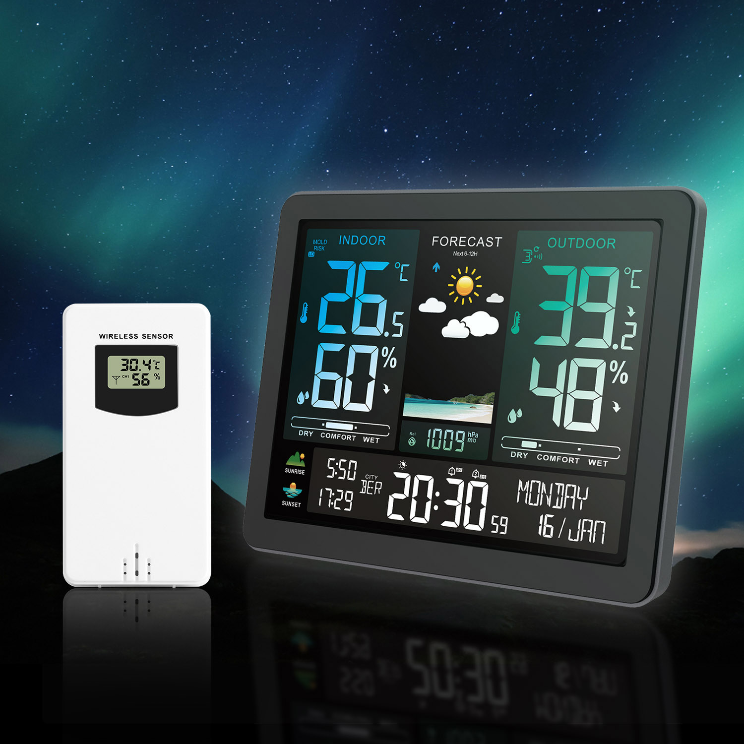 Multifunktionale Professionelle Elektronische Wetterstation, Intelligentes Farbdisplay, Uhr, Temperatur, Luftfeuchtigkeit, Luftdruck, Mondphasenvorhersage, Wecker, 8 Sprachen Verfügbar
