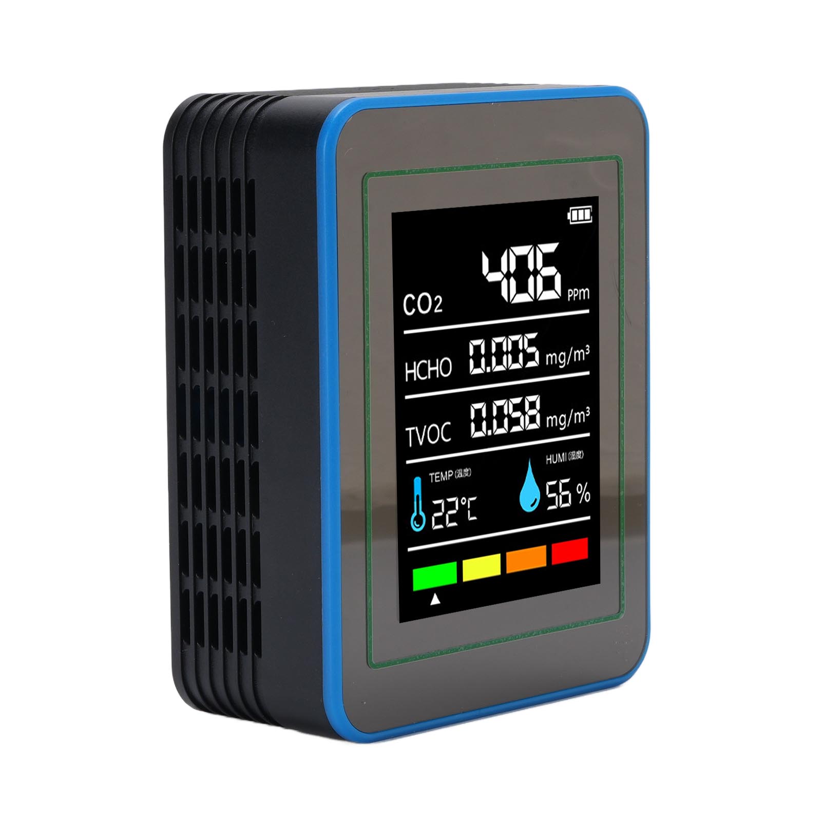 5-in-1-luftqualitätsmessgerät: Misst Co₂, Tvocs Und Hcho Sowie Temperatur Und Luftfeuchtigkeit. Tragbares, Wiederaufladbares Gerät, Schwarz Und Blau.