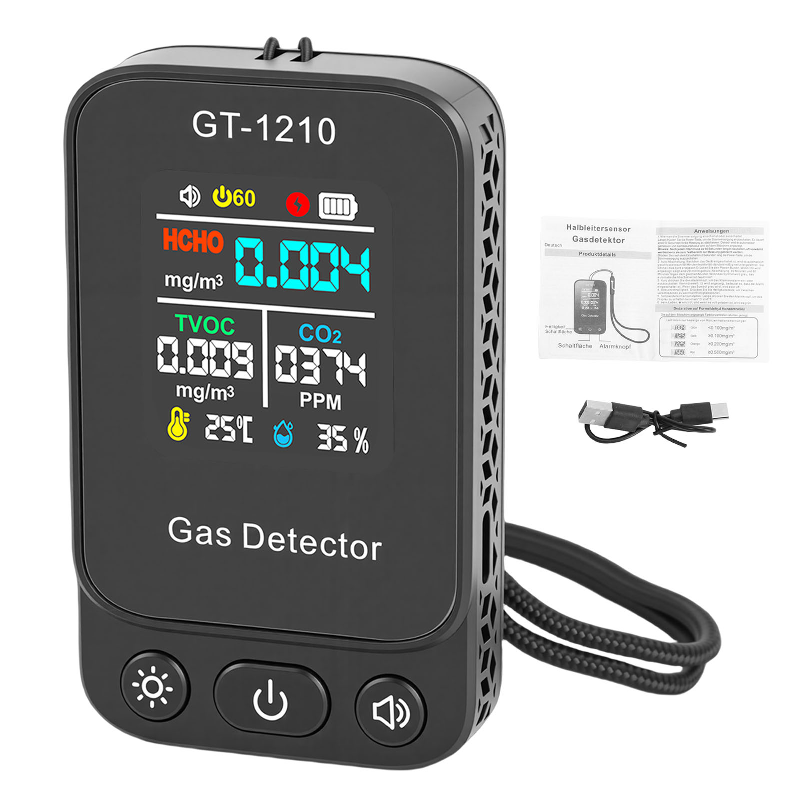 5-in-1 Luftqualitätsanalysator Mit Infrarotsensor, Innenraumdetektor, Co2-, Voc-, Hcho-erkennung, Temperatur- Und Feuchtigkeitsmessung, Schwarz.