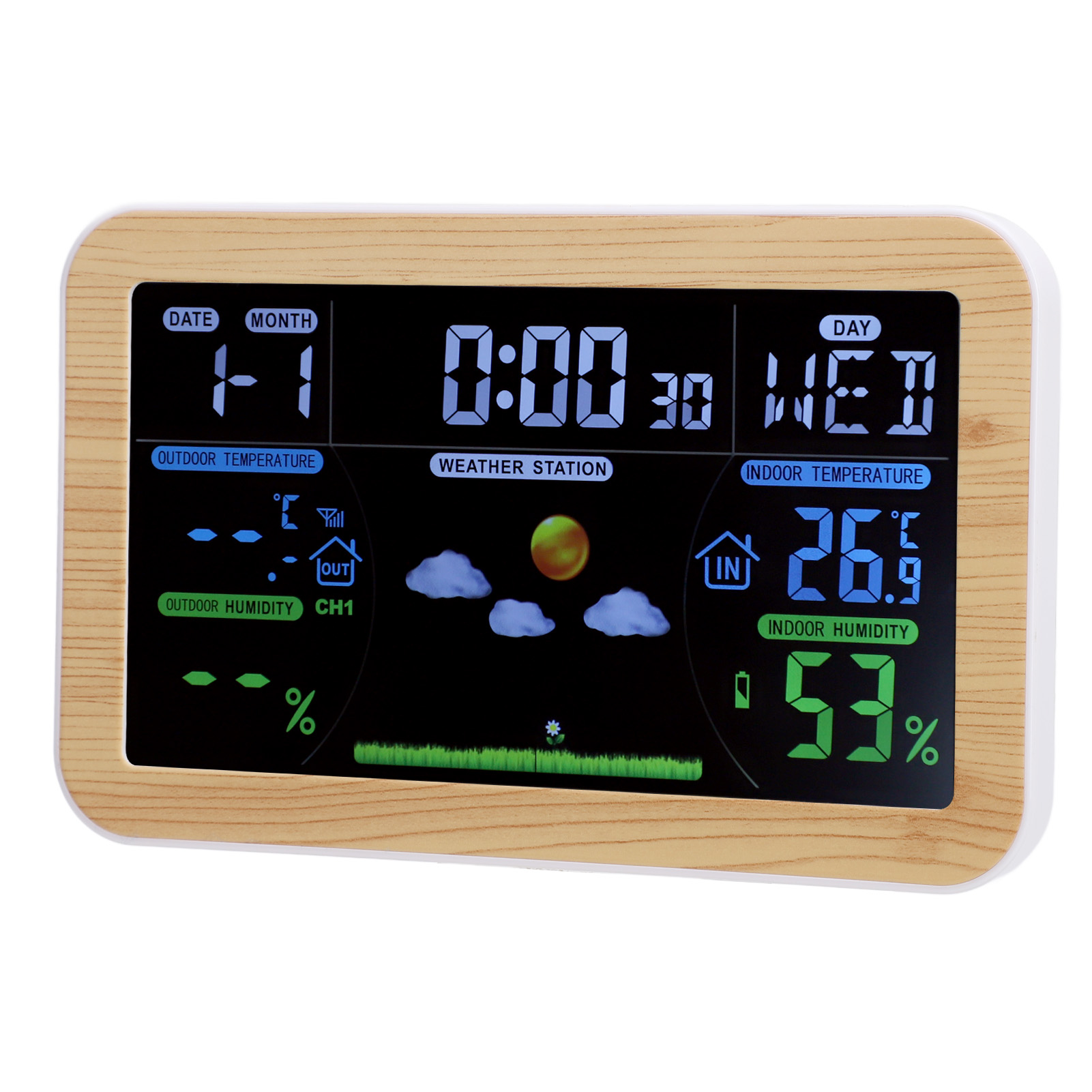 Lcd-wetteruhr, Temperatur- Und Feuchtigkeitsanzeige Für Innen- Und Außenbereich, 24-stunden-vorhersage Für Die Garage.
