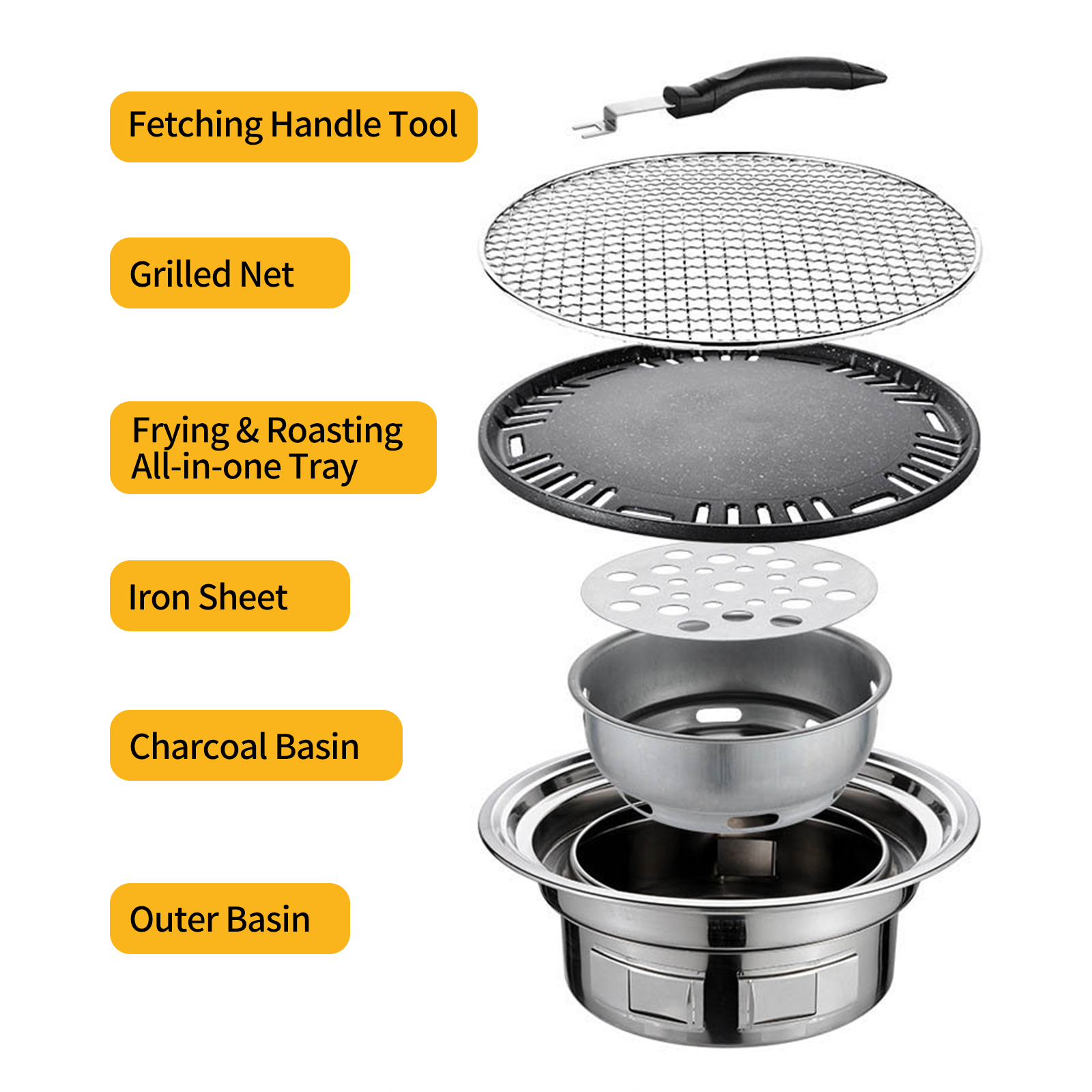 33 Cm (13 Zoll) Multifunktionaler Koreanischer Grill, Runder Holzkohlegrill, Campingkocher, Tischgrill Mit Grillplatte Für Garten, Picknick Und Strand