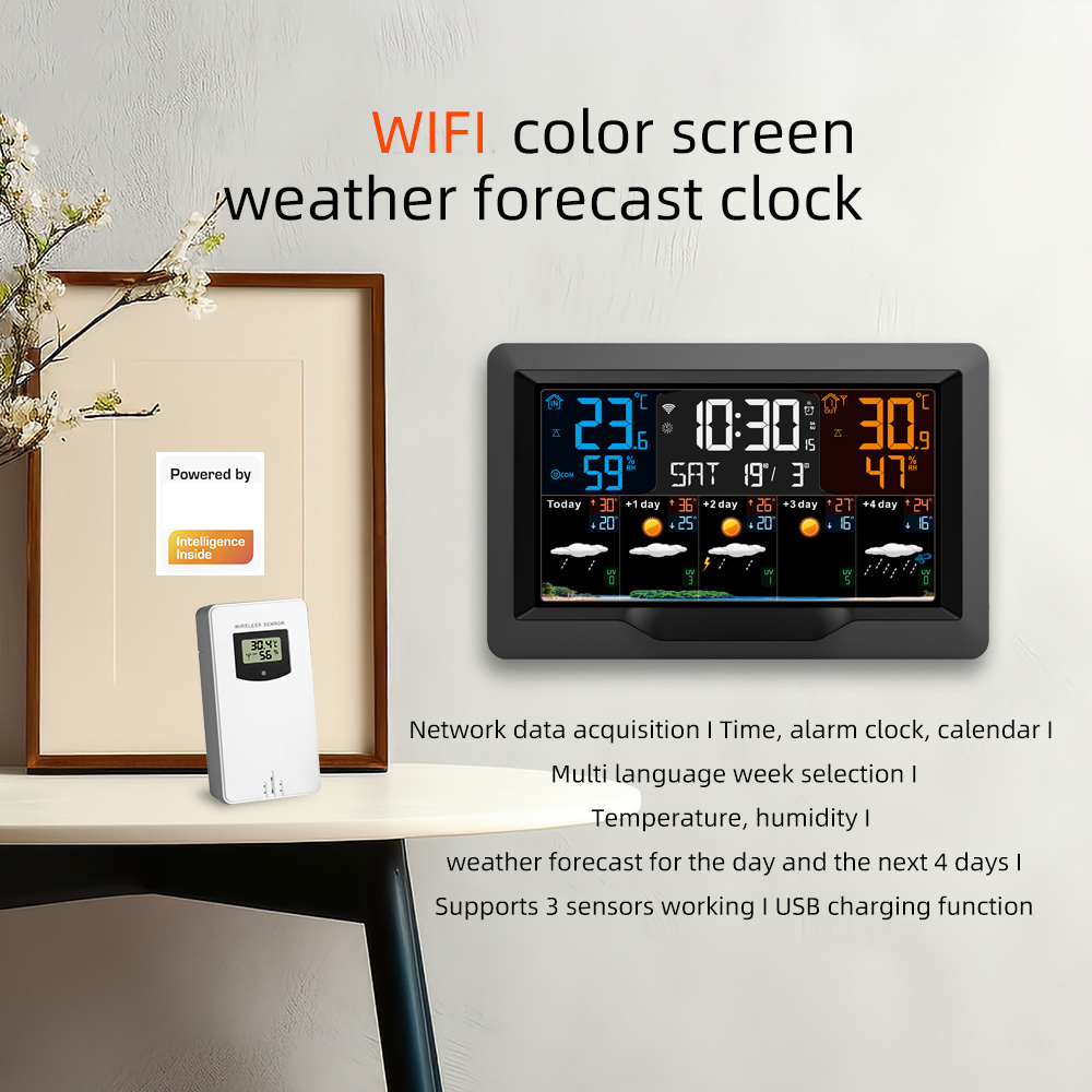 Fj3390ty-a Wlan-wetterstation Mit Uhr, Innen- Und Außentemperaturanzeige, Hygrometer, Multifunktion, Großem Farbdisplay, 1 Sensor, Funktionsfähig
