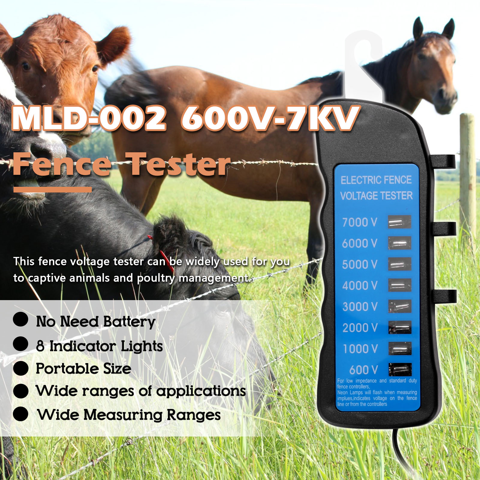 Mld-002 600v-7kv Zaunprüfer, Elektrisches Voltmeter Für Haus, Garten, Pferde Und Nutztiere, Batterielos, Mit 8 Kontrollleuchten.
