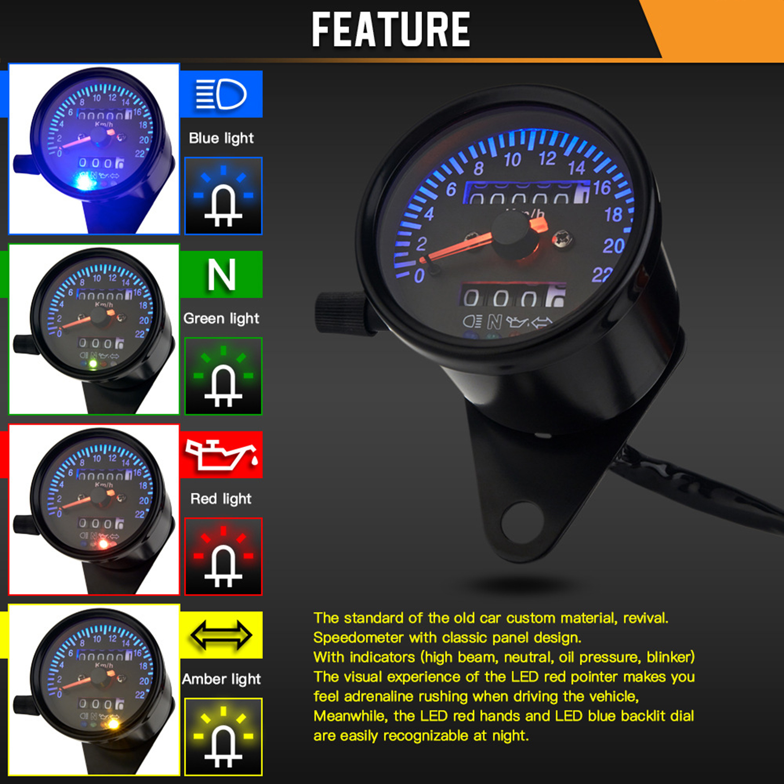 Mechanischer Tachometer Nach Maß Für Cafe-racer-motorräder Mit Led-anzeige, 220-km/h-kilometerzähler