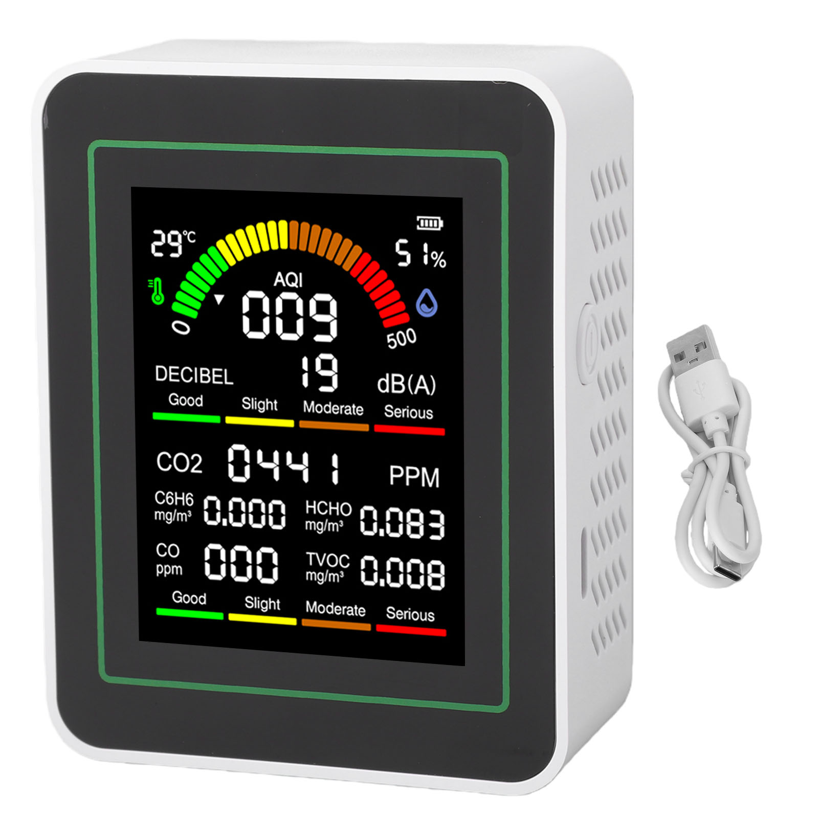 Lärm- Und Luftqualitätsdetektor Mit 2,8-zoll-bildschirm, Temperatur- Und Feuchtigkeitsindex, Co2-, C6h6-, Hcho-, Co- Und Voc-analysator Für Den Heimgebrauch.