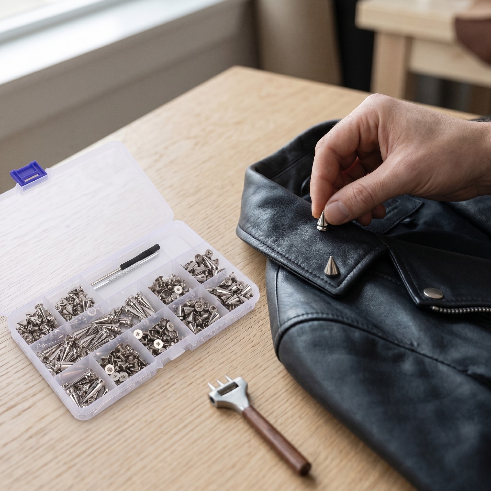 Set Mit 180 Metallnieten Im Punk-stil In 4 Größen: Kegel, Pyramide, Glänzend Silber.