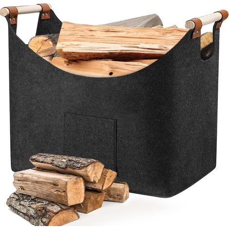 Holzkorb, Filzbeutel Für Kaminholz, Großer Faltbarer Holzkorb Mit Verstärktem Griff Für Holz, Zeitungen, Spielzeug, Dunkelgrau (45x32x40 Cm)