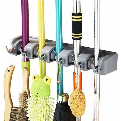 Multifunktionaler Besenständer, Kleiderbügelhalter Für Küche, Garage, Waschküche Für Küche, Bad, Garage Und Garten (5 Fächer Und 6 Haken)