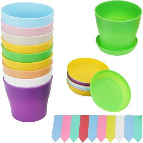 Satz Von 10 Kleinen Kunststoff-blumentöpfen Für Garten, Büro Und Schlafzimmer Mit Abtropfschalen, 8 Farben Mit 10 Etiketten Für Pflanzen