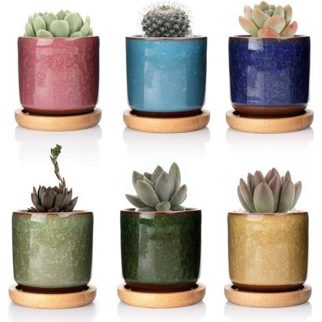 6 Cm Zisha-keramik-pflanzentöpfe Mit Bambus-untersetzer – 6er-pack, Topf Für Sukkulenten, Kakteen Und Blumen