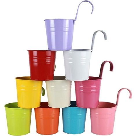 10 Stück Hängende Blumentöpfe Aus Metall, Farbig, Mit Haken Zum Aufhängen Am Balkon, Pflanzkorb Für Zaun, Garten, Balkon, Wand, Geländer, Patio, Außenbereich