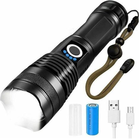 Extrem Leistungsstarke Led-taschenlampe, 10000 Lumen Xhp70.2 Led-taschenlampen Mit Zoom, Taktische Wiederaufladbare Usb-taschenlampe Mit 5 Beleuchtungsmodi, Inklusive 2 Hochkapazitätsbatterien