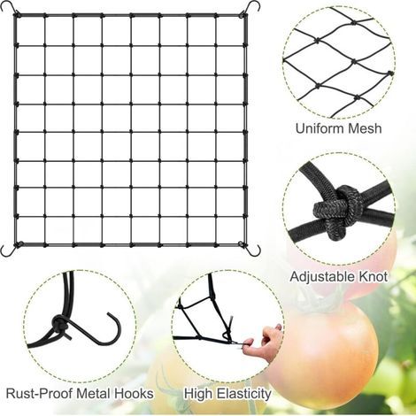 Elastisches Wachstumsnetz - Für Kletterpflanzen - Mit 4 Rostfreien Haken - Für Gemüse, Obst Und Blumen - Dehnungsbereich Von 80 Bis 200 Cm - 80 X 80 Cm