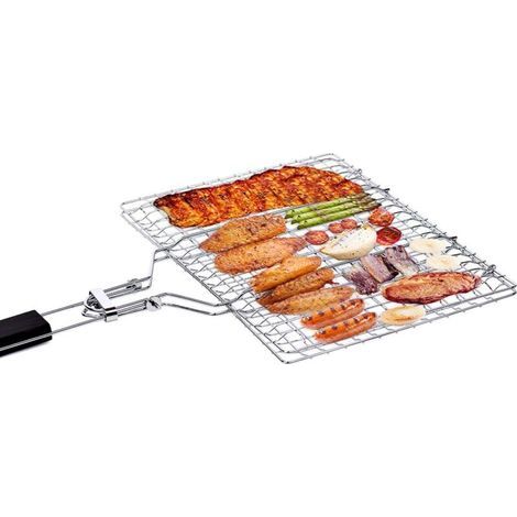 1 Stück Tragbarer Grillkorb Für Barbecue, Großer Grillrost Zum Braten Von Fisch, Gemüse, Steak, Garnelen Und Würstchen Mit Abnehmbarem Griff Und Praktischer Tragetasche, Silberfarbe, 32 X 22 Cm