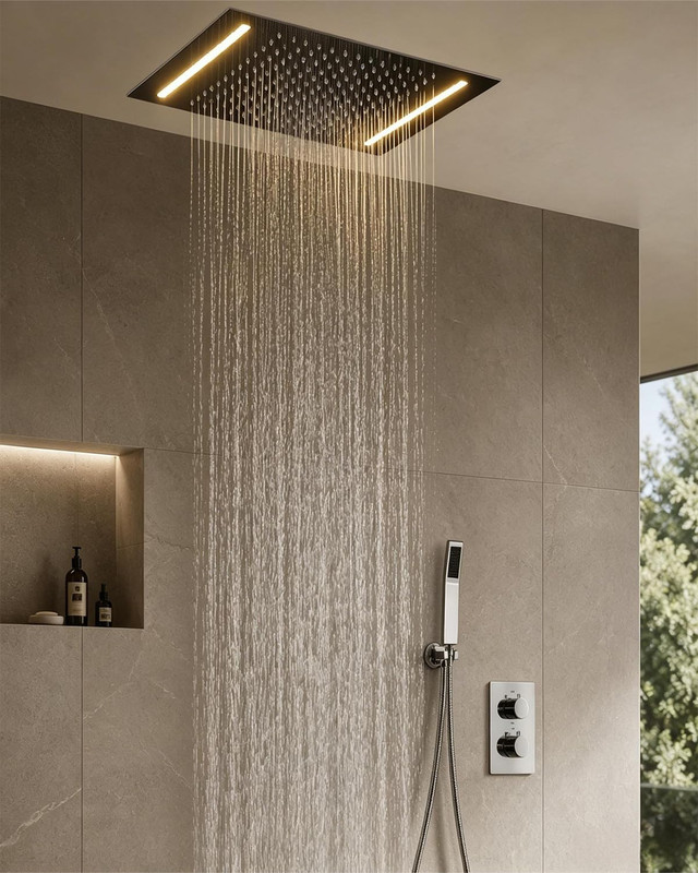 Duschsystem Unterputz Chrom Mit Thermostat, Duscharmatur Komplettse Led Set Mit Regenduschkopf Ohne Armatur, 500x360mm Großen Kopfbrause, Handbrause, Deckenmontage, Messing