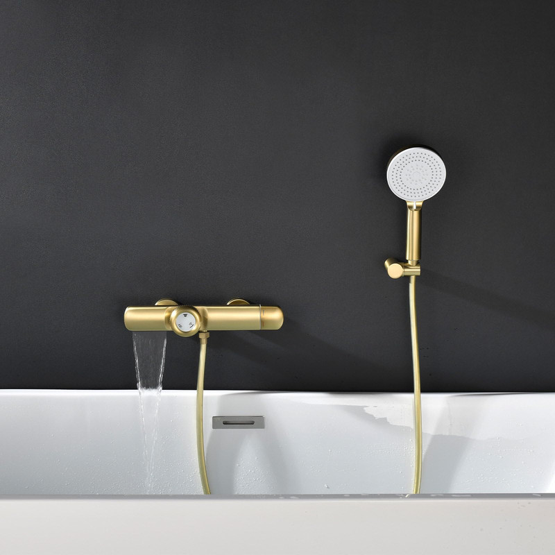 Gold Thermostat-badewannenarmatur, Wasserfall Mischbatterie Badewanne Mit Handbrause Mit 3 Modi Und Schwenkauslauf, Wandmontage Wannenarmatur Mit Schlauch, Wasserhahn Badewanne Mit Aus Messing