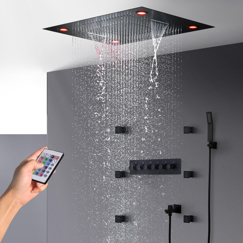 Regendusche Set Duschsystem Mit Thermostat Unterputz 12 Farben Led Duschgarnitur Duschset Mit Armatur, 600x800mm 4 Modi Duschkopf Und Handbrause, 6pcs 50mm Massagedüse, Schwarz