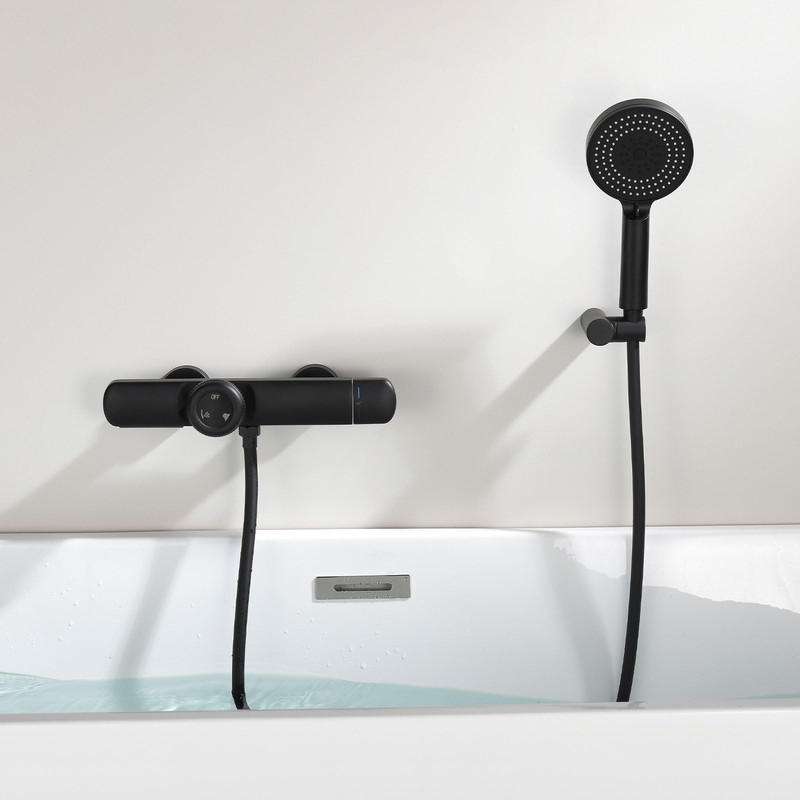 Schwarz Thermostat-badewannenarmatur, Wasserfall Mischbatterie Badewanne Mit Handbrause Mit 3 Modi Und Schwenkauslauf, Wandmontage Wannenarmatur Mit Schlauch, Wasserhahn Badewanne Mit Aus Messing