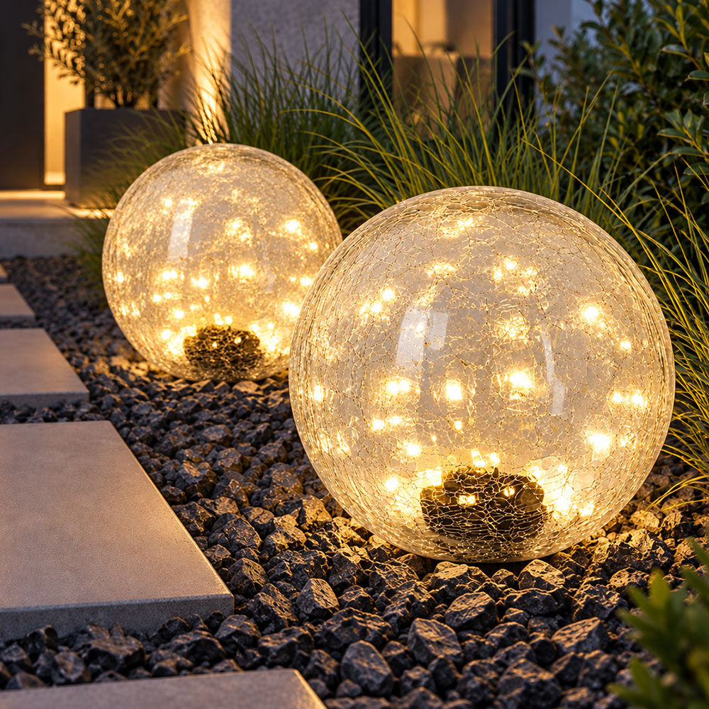 2x Led Solarleuchte Kugelleuchte Rund Crackle Glas Dämmerungssensor D 25 Cm