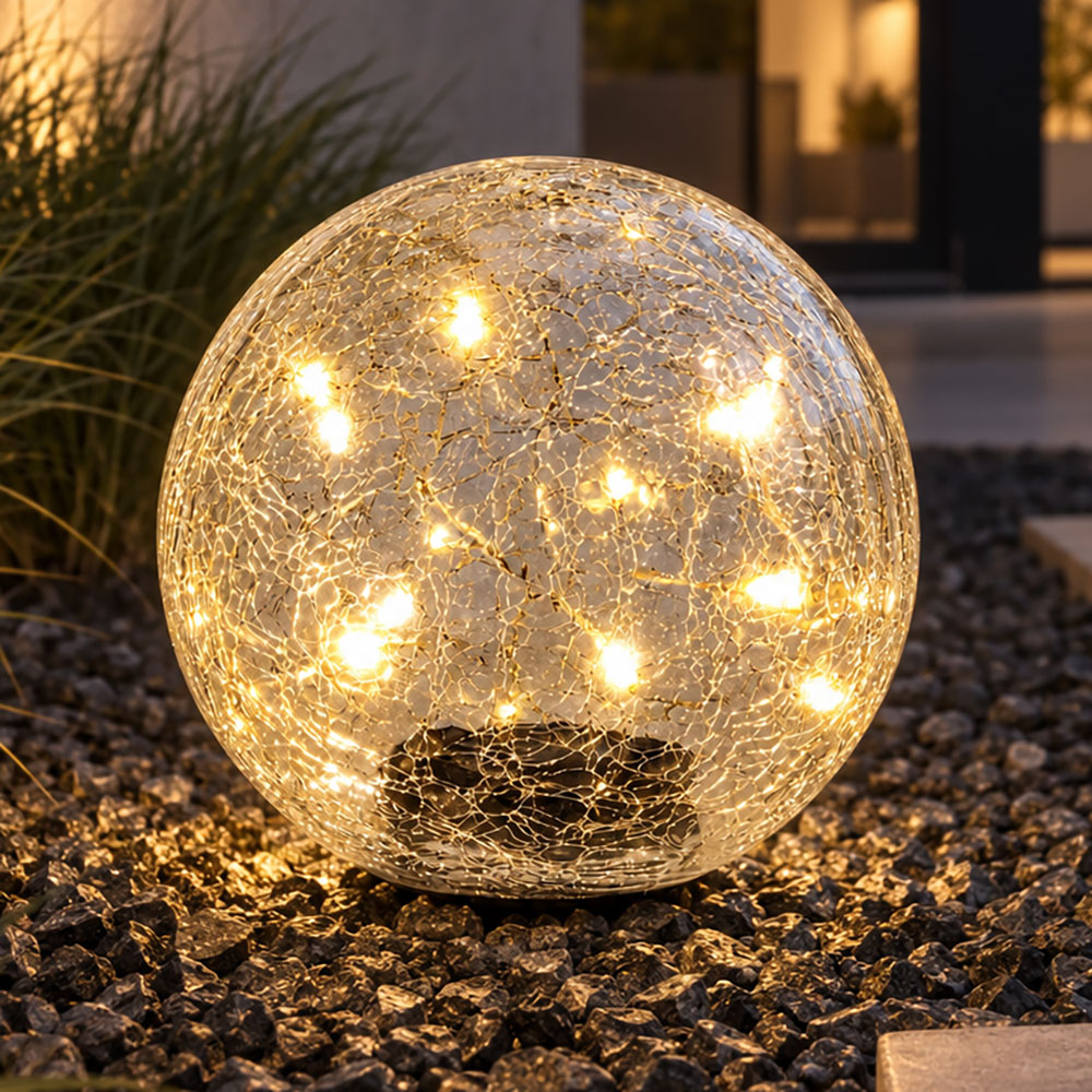 Led Solarleuchte Kugelleuchte Gartenleuchte Crackle Glas Klar Ip44 D 15 Cm
