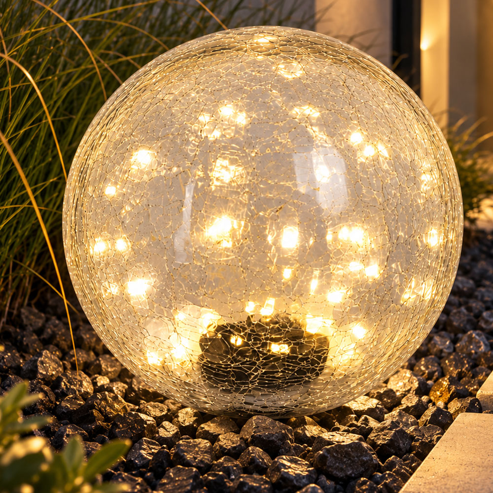 Led Außen Solarleuchte Kugelleuchte Gartenkugel Klar Crackleglas Ip44 H 25 Cm